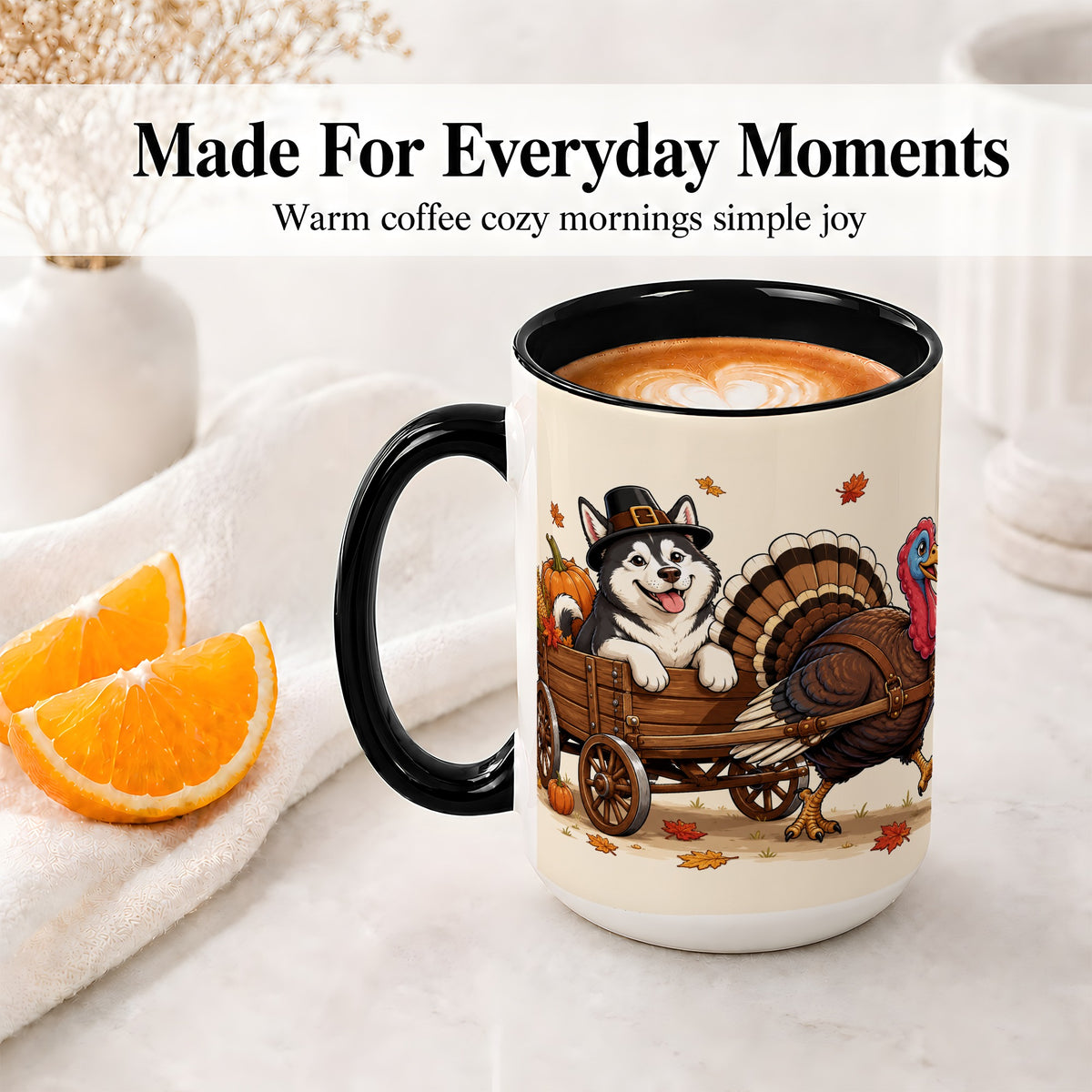 #pl[15oz|Black] Thanksgiving Husky Wagon Accent Mug, Mug with Turkey Artwork