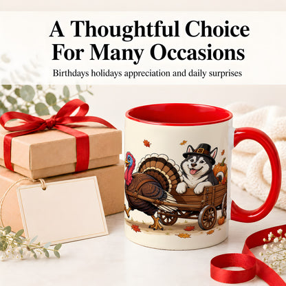 #pl[11oz|Red] Thanksgiving Husky Wagon Accent Mug, Mug with Turkey Artwork