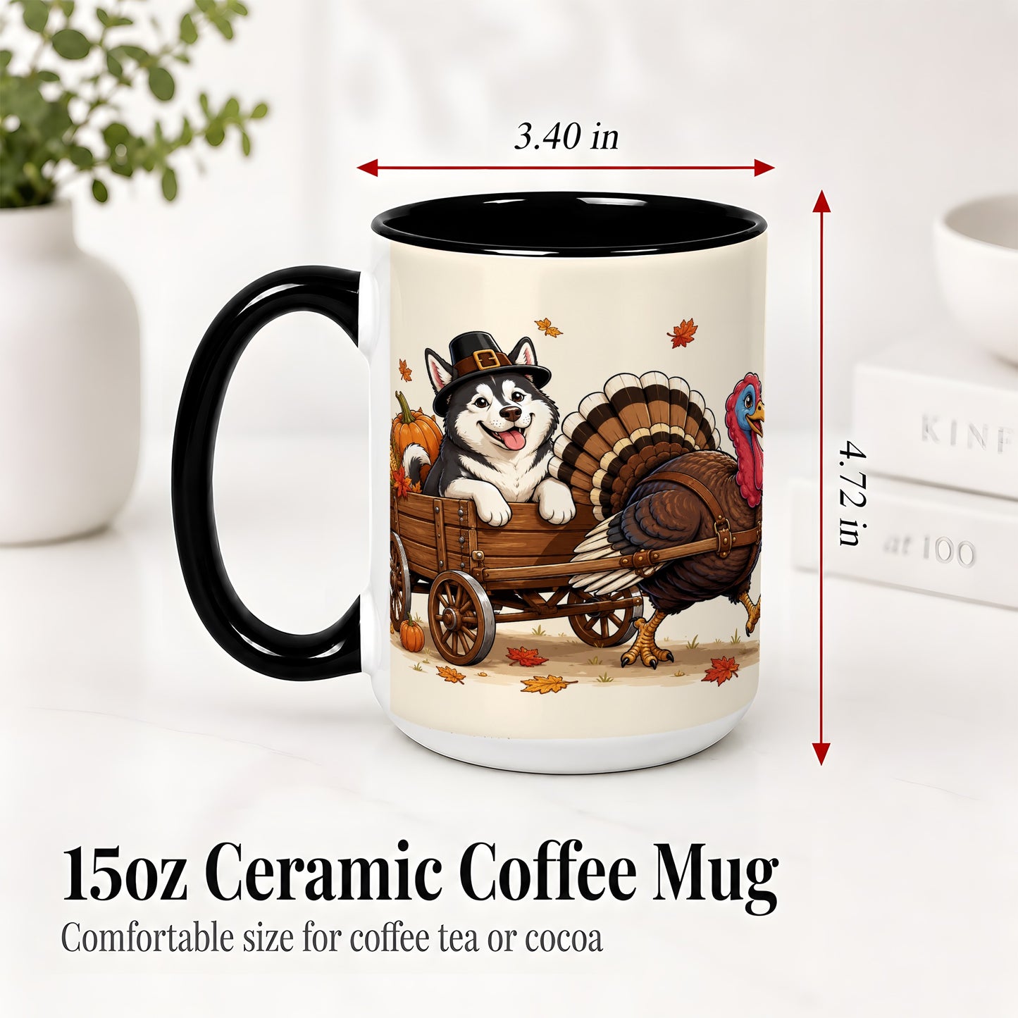 #pl[15oz|Black] Thanksgiving Husky Wagon Accent Mug, Mug with Turkey Artwork