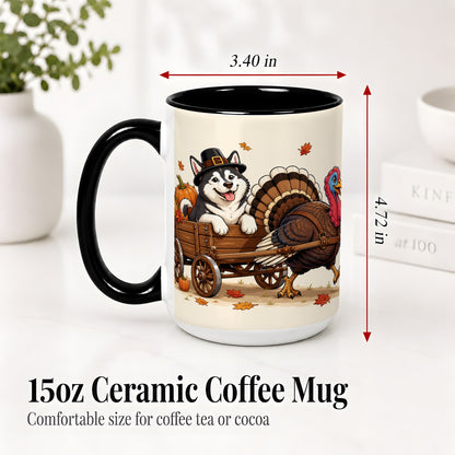 #pl[15oz|Black] Thanksgiving Husky Wagon Accent Mug, Mug with Turkey Artwork