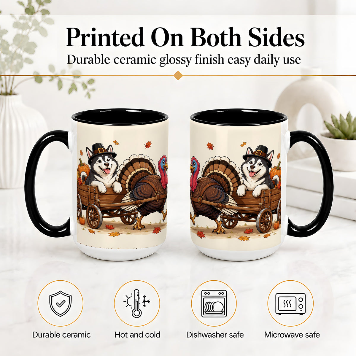 #pl[15oz|Black] Thanksgiving Husky Wagon Accent Mug, Mug with Turkey Artwork