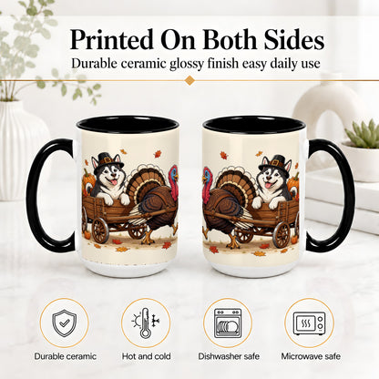 #pl[15oz|Black] Thanksgiving Husky Wagon Accent Mug, Mug with Turkey Artwork