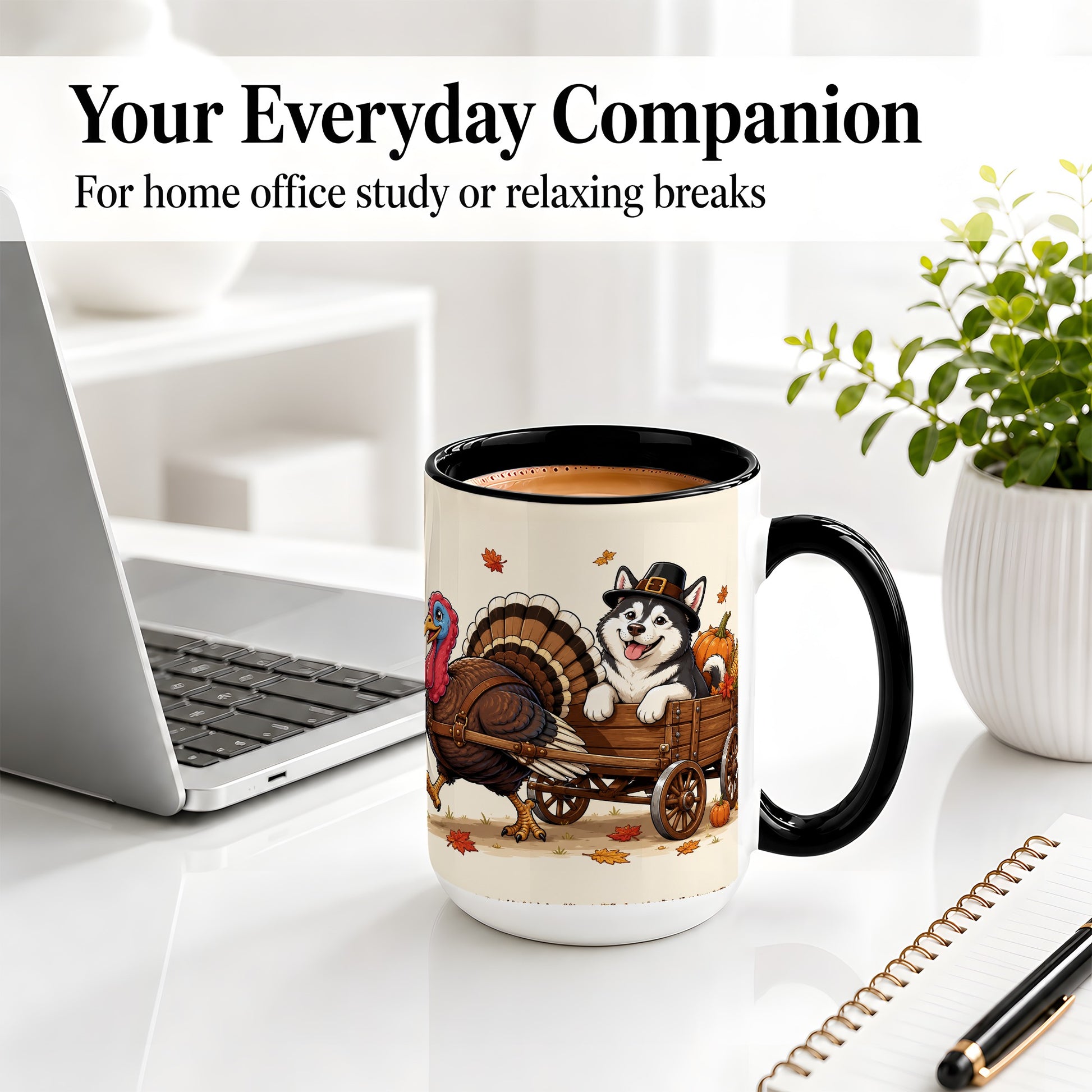 #pl[15oz|Black] Thanksgiving Husky Wagon Accent Mug, Mug with Turkey Artwork