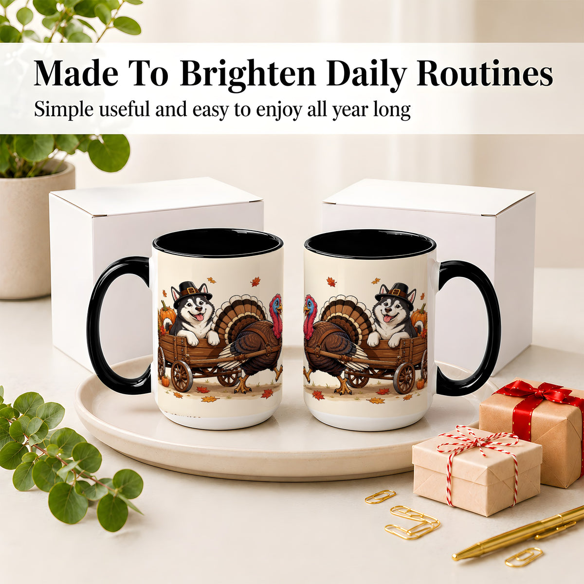 #pl[15oz|Black] Thanksgiving Husky Wagon Accent Mug, Mug with Turkey Artwork