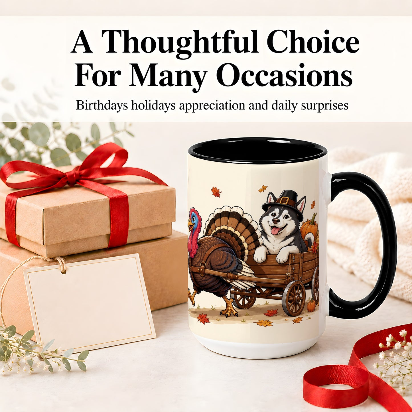 #pl[15oz|Black] Thanksgiving Husky Wagon Accent Mug, Mug with Turkey Artwork