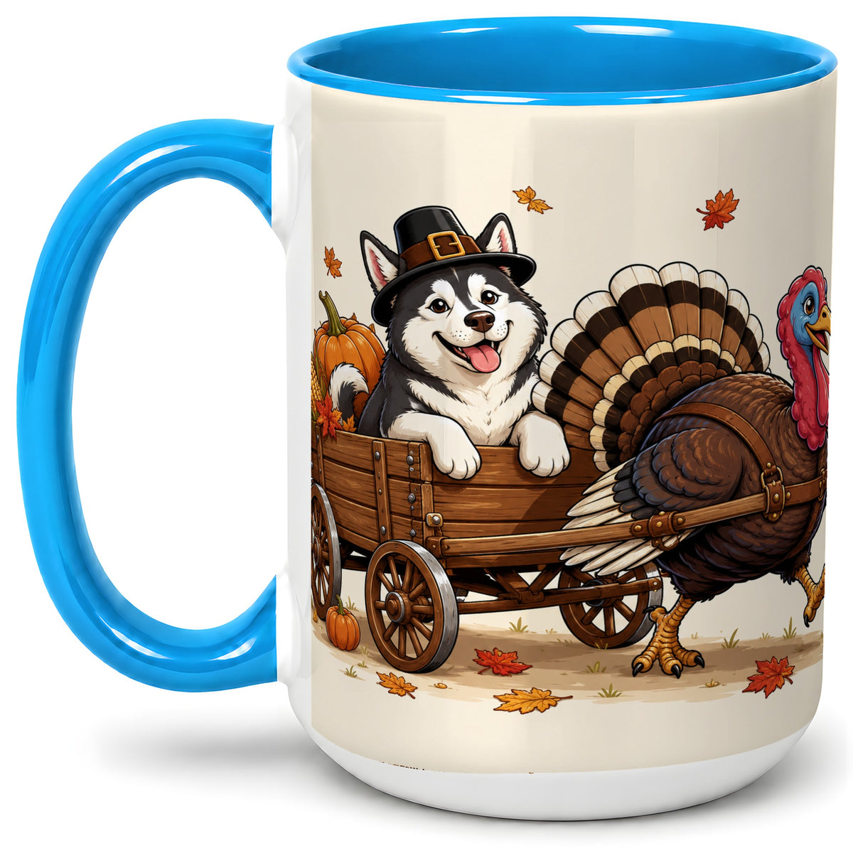#pl[15oz|Blue] Thanksgiving Husky Wagon Accent Mug, Mug with Turkey Artwork