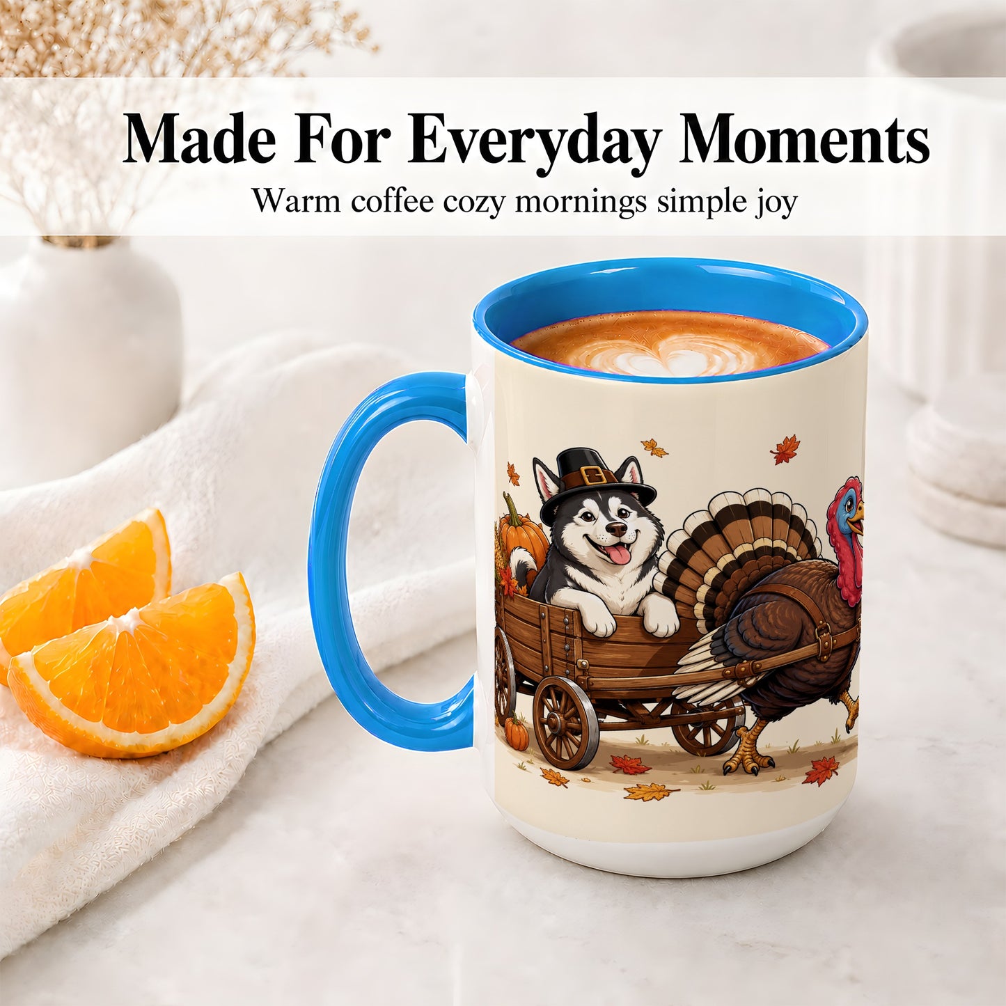 #pl[15oz|Blue] Thanksgiving Husky Wagon Accent Mug, Mug with Turkey Artwork