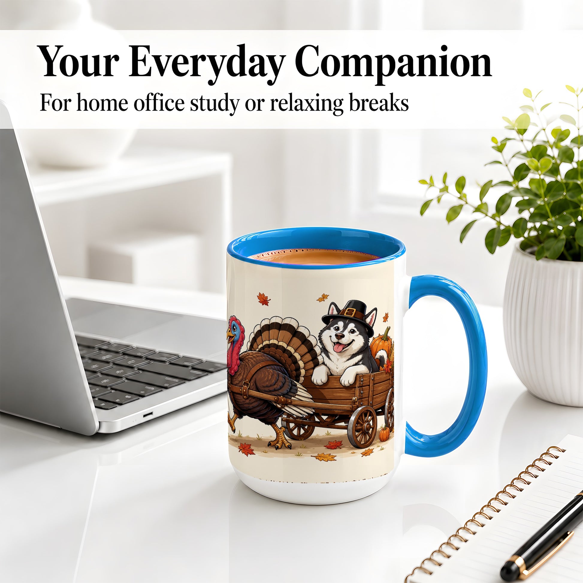#pl[15oz|Blue] Thanksgiving Husky Wagon Accent Mug, Mug with Turkey Artwork