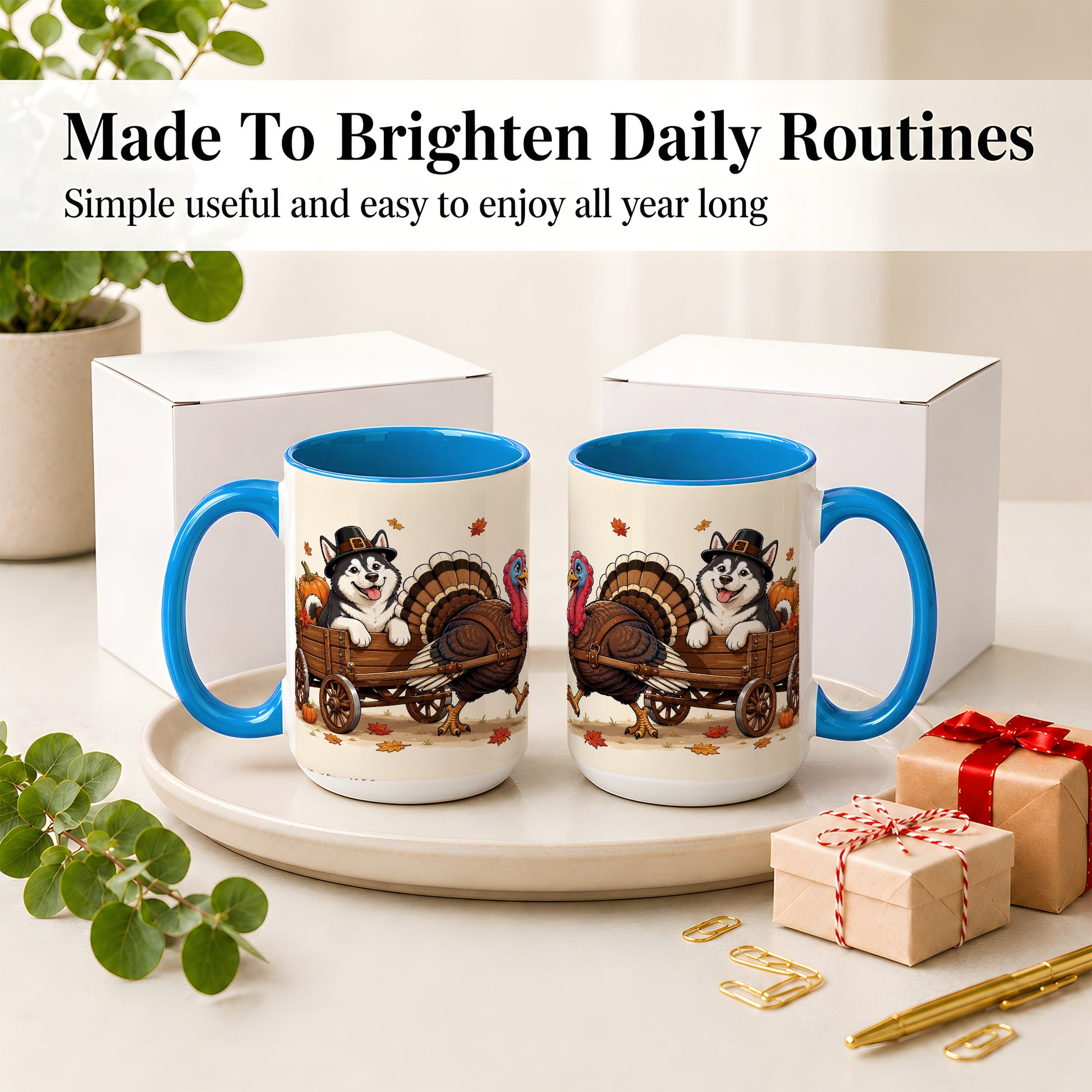 #pl[15oz|Blue] Thanksgiving Husky Wagon Accent Mug, Mug with Turkey Artwork