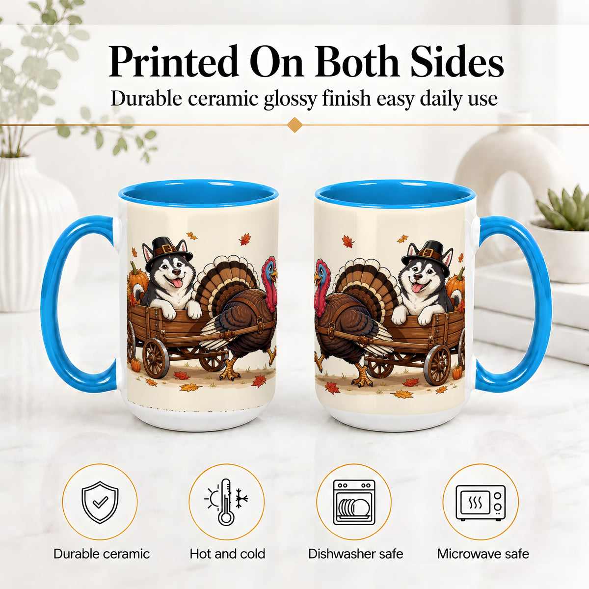 #pl[15oz|Blue] Thanksgiving Husky Wagon Accent Mug, Mug with Turkey Artwork