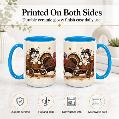 #pl[15oz|Blue] Thanksgiving Husky Wagon Accent Mug, Mug with Turkey Artwork