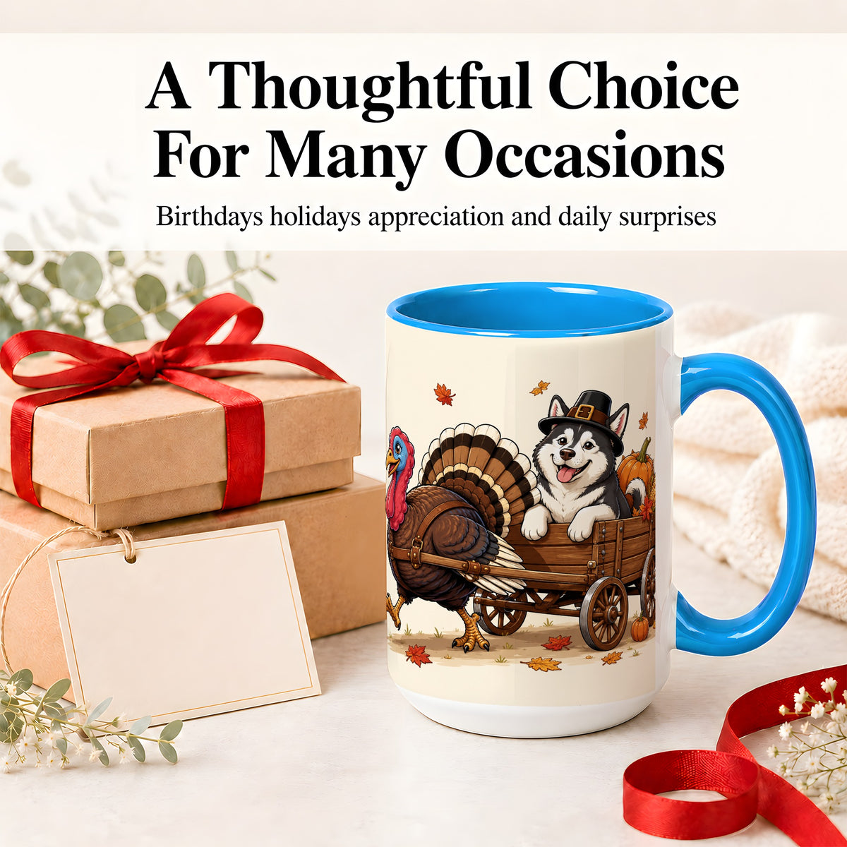 #pl[15oz|Blue] Thanksgiving Husky Wagon Accent Mug, Mug with Turkey Artwork