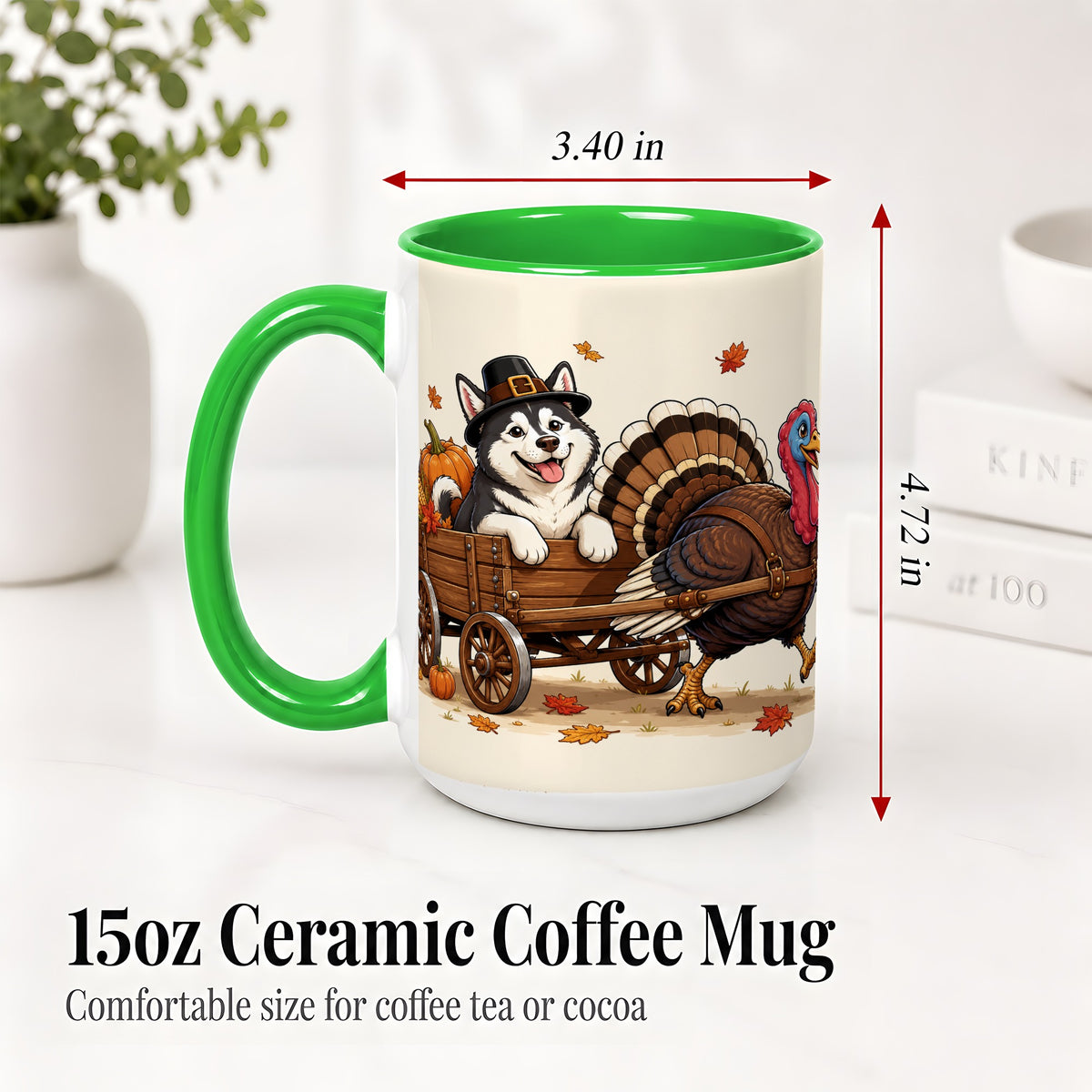#pl[15oz|Green] Thanksgiving Husky Wagon Accent Mug, Mug with Turkey Artwork
