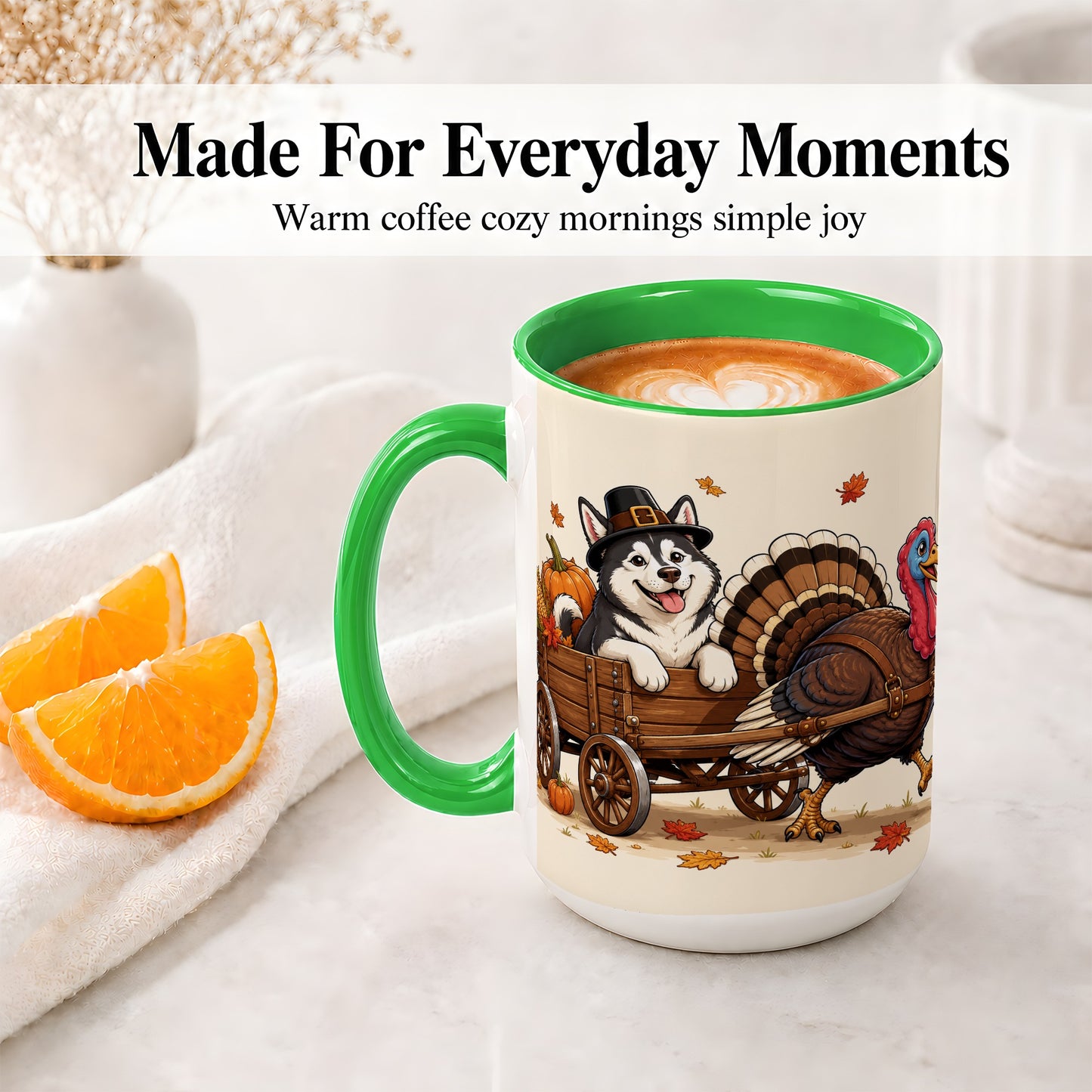 #pl[15oz|Green] Thanksgiving Husky Wagon Accent Mug, Mug with Turkey Artwork
