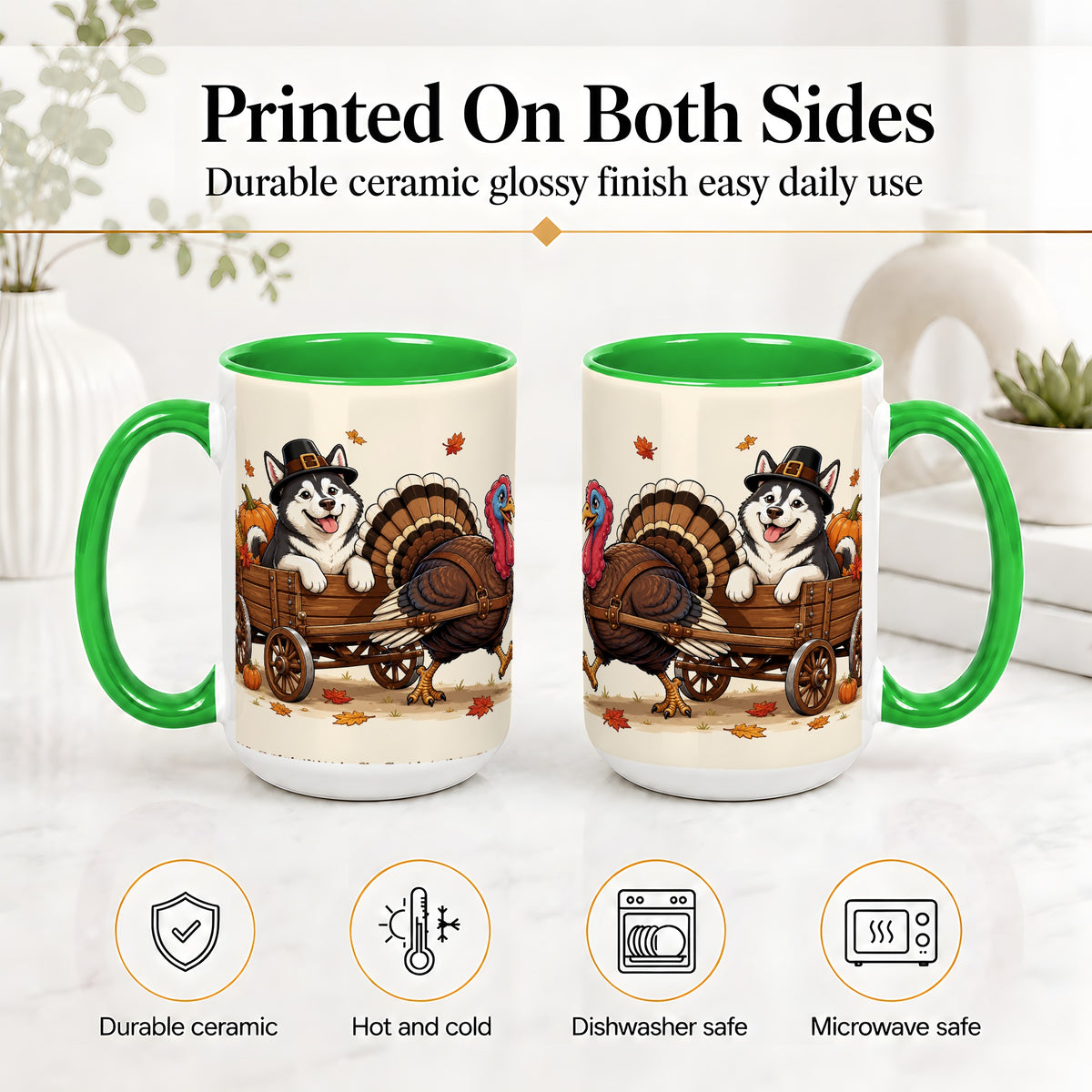 #pl[15oz|Green] Thanksgiving Husky Wagon Accent Mug, Mug with Turkey Artwork