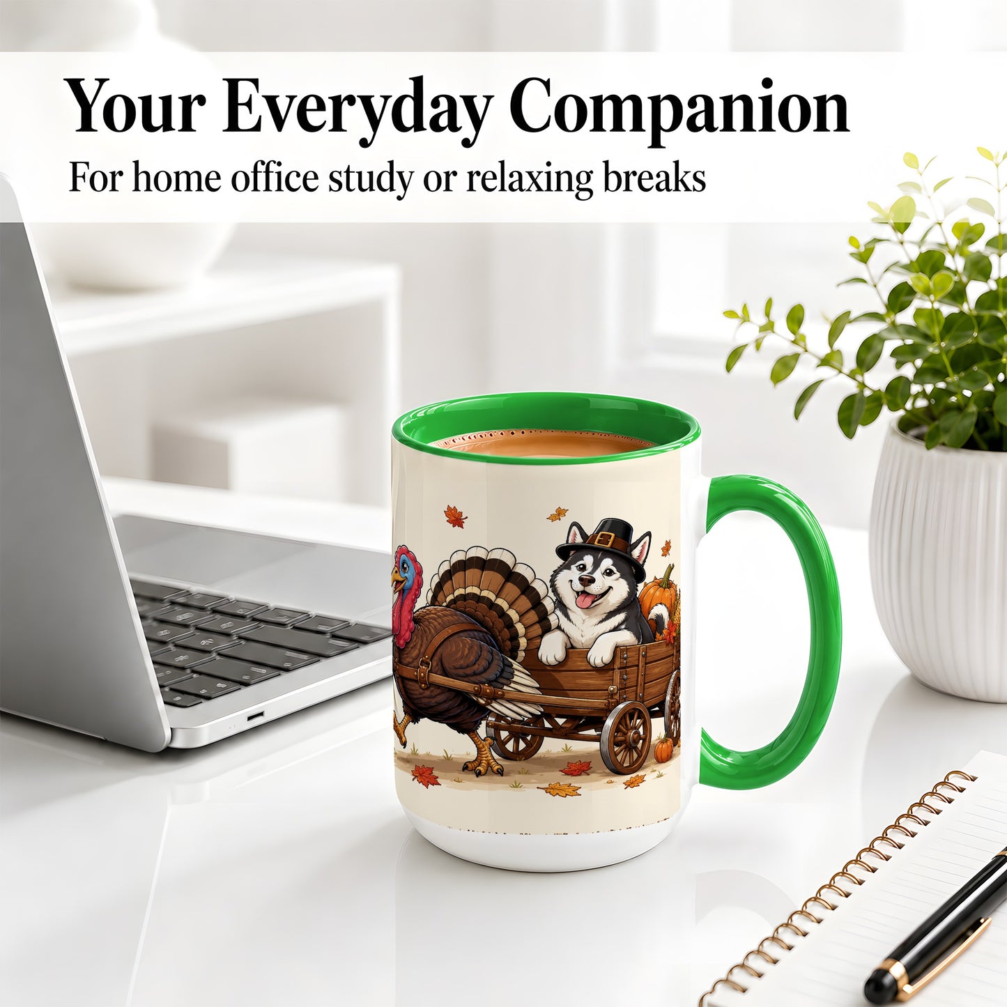 #pl[15oz|Green] Thanksgiving Husky Wagon Accent Mug, Mug with Turkey Artwork