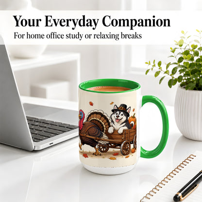#pl[15oz|Green] Thanksgiving Husky Wagon Accent Mug, Mug with Turkey Artwork
