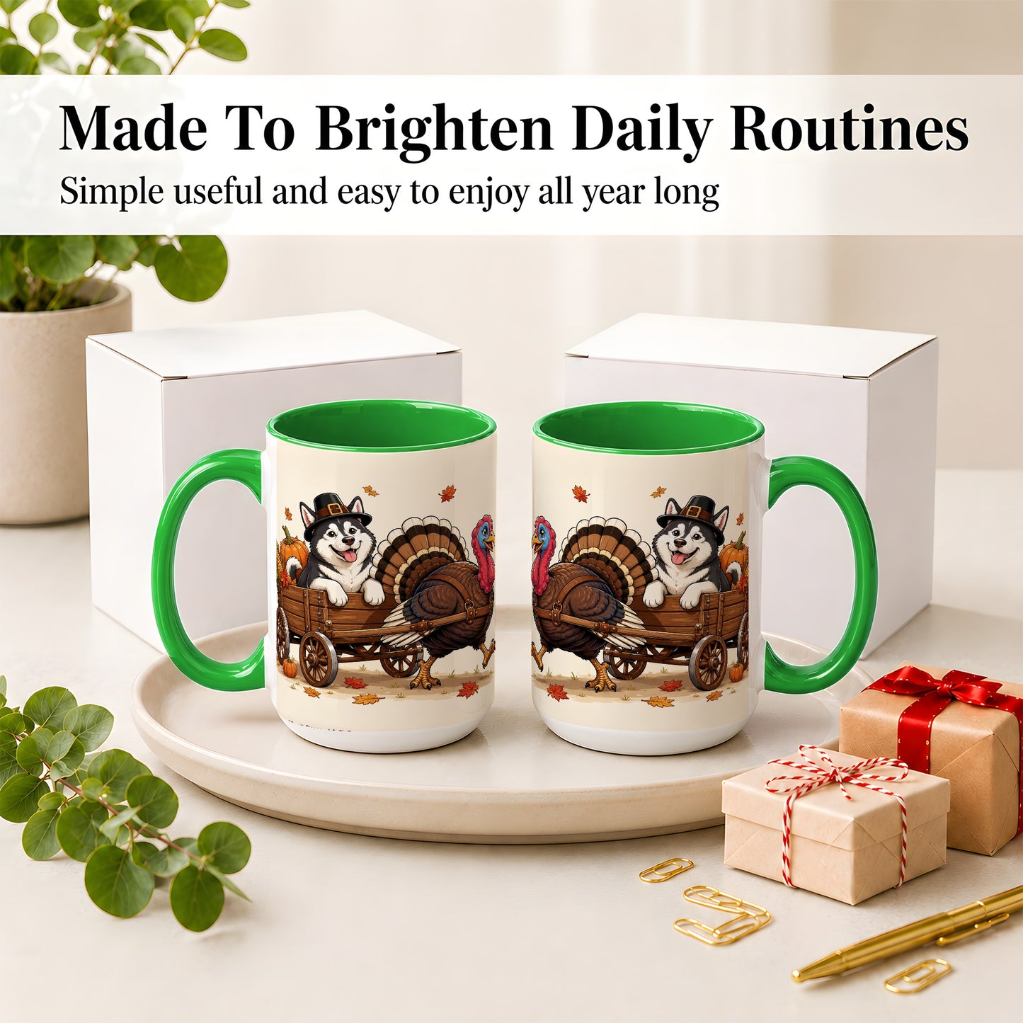 #pl[15oz|Green] Thanksgiving Husky Wagon Accent Mug, Mug with Turkey Artwork