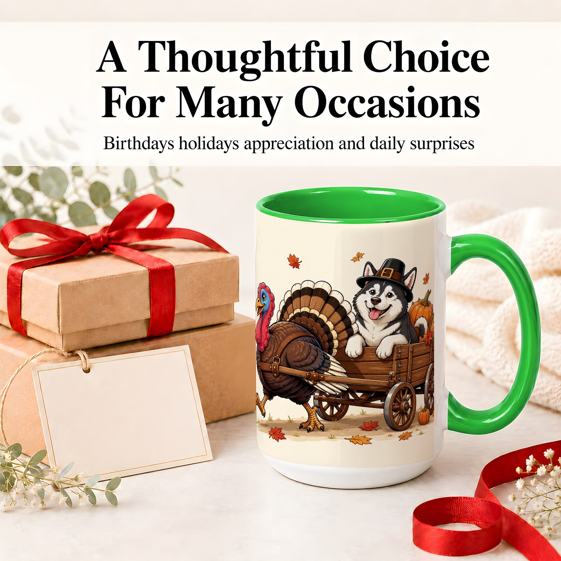 #pl[15oz|Green] Thanksgiving Husky Wagon Accent Mug, Mug with Turkey Artwork
