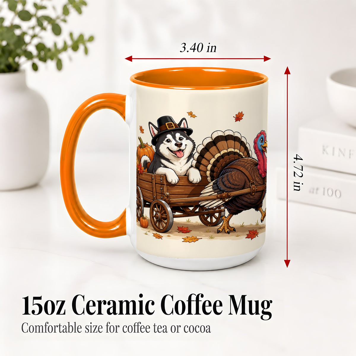 #pl[15oz|Orange] Thanksgiving Husky Wagon Accent Mug, Mug with Turkey Artwork