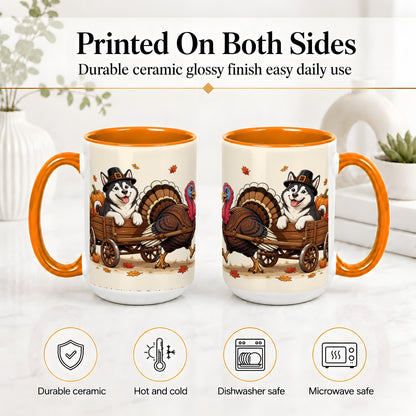 #pl[15oz|Orange] Thanksgiving Husky Wagon Accent Mug, Mug with Turkey Artwork