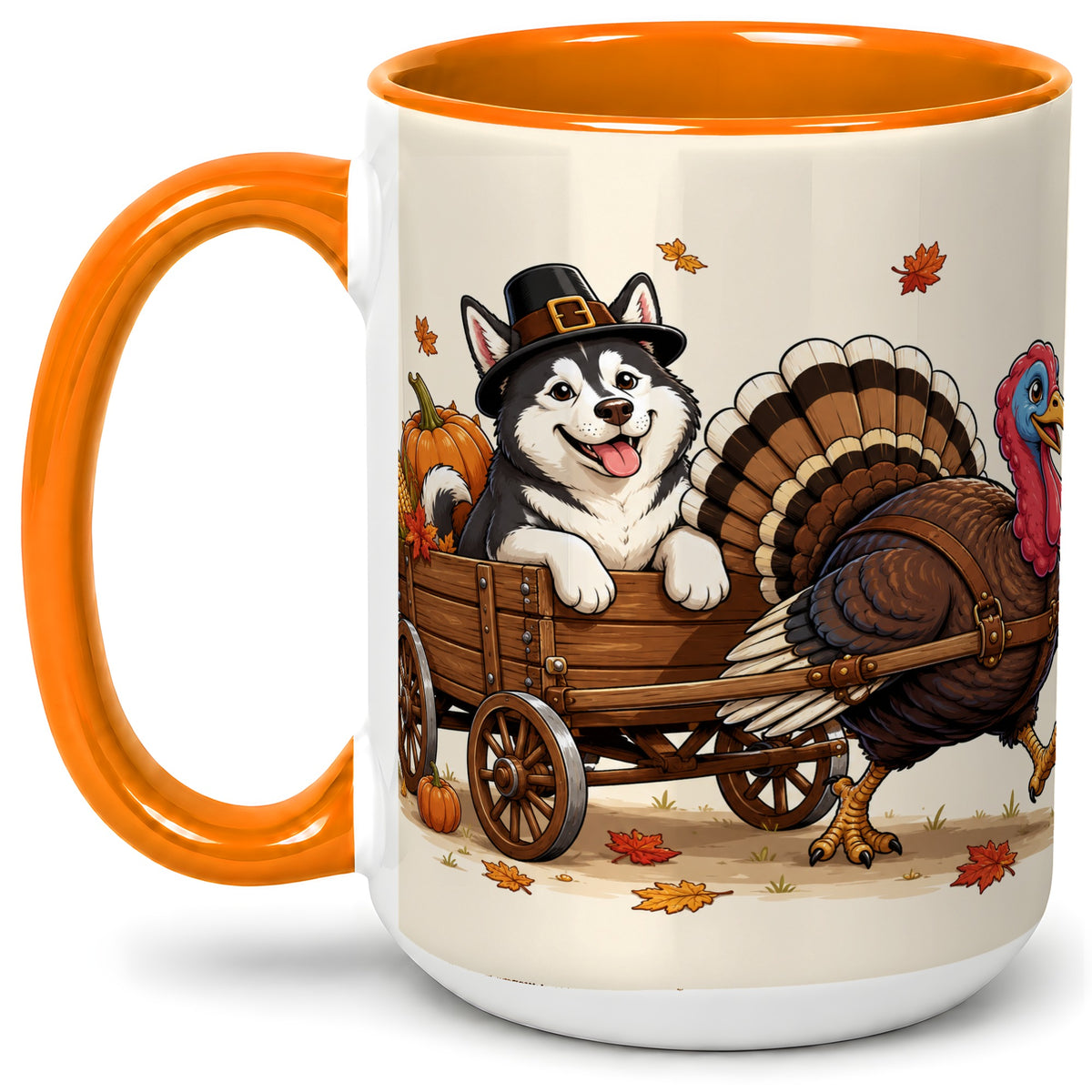 #pl[15oz|Orange] Thanksgiving Husky Wagon Accent Mug, Mug with Turkey Artwork