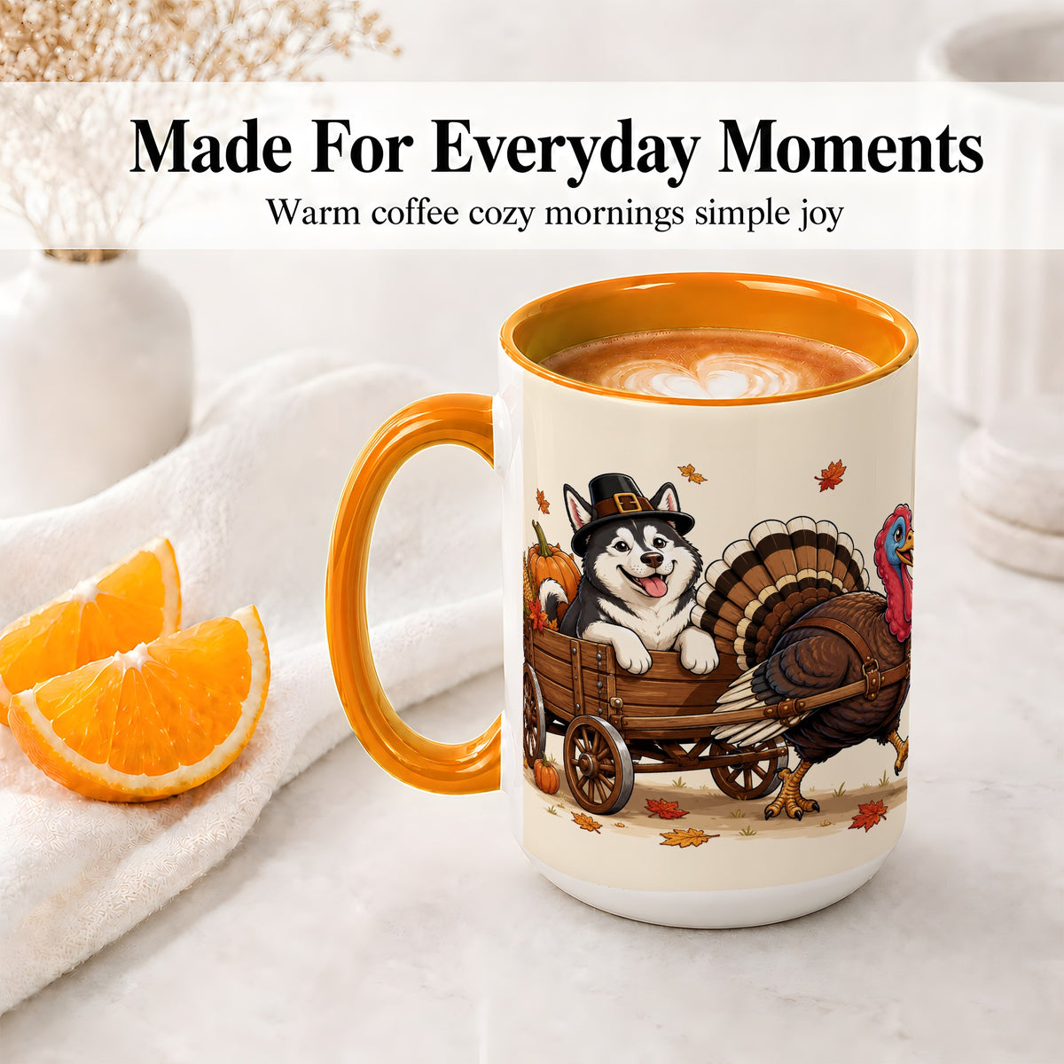 #pl[15oz|Orange] Thanksgiving Husky Wagon Accent Mug, Mug with Turkey Artwork