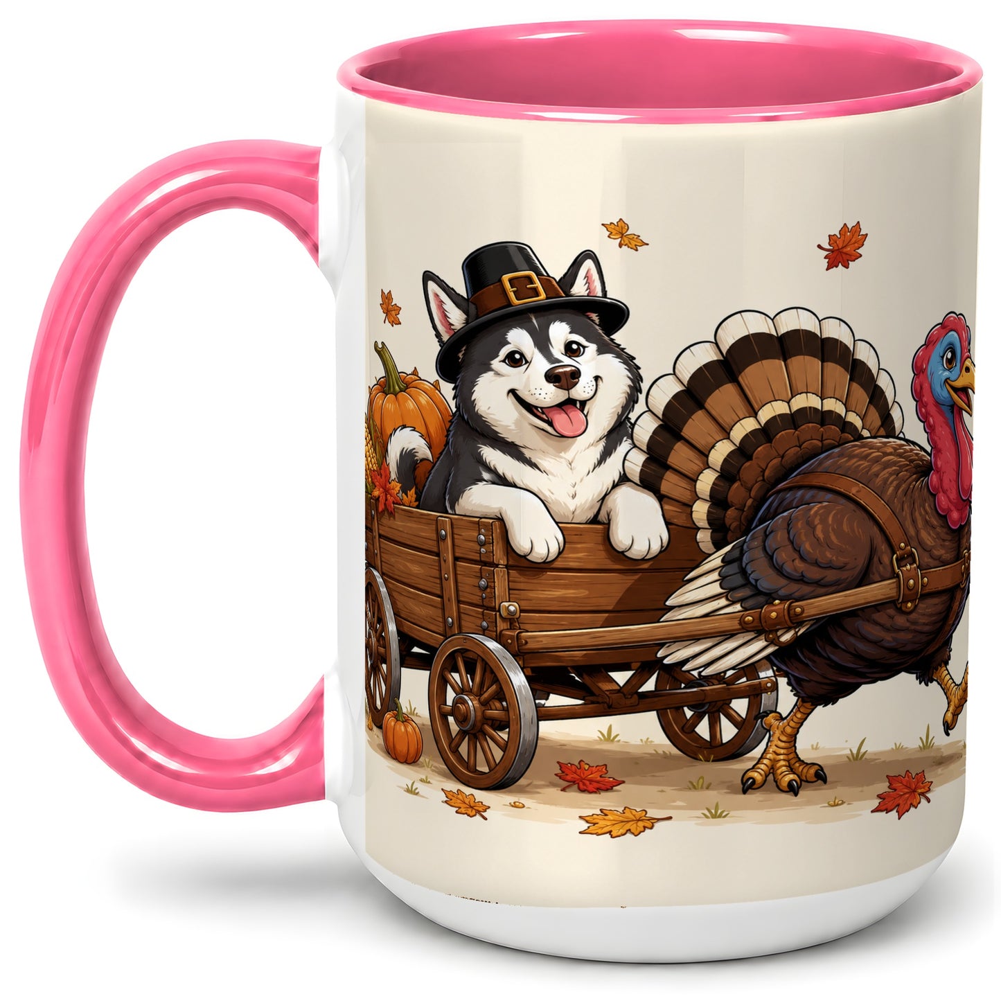 #pl[15oz|Pink] Thanksgiving Husky Wagon Accent Mug, Mug with Turkey Artwork