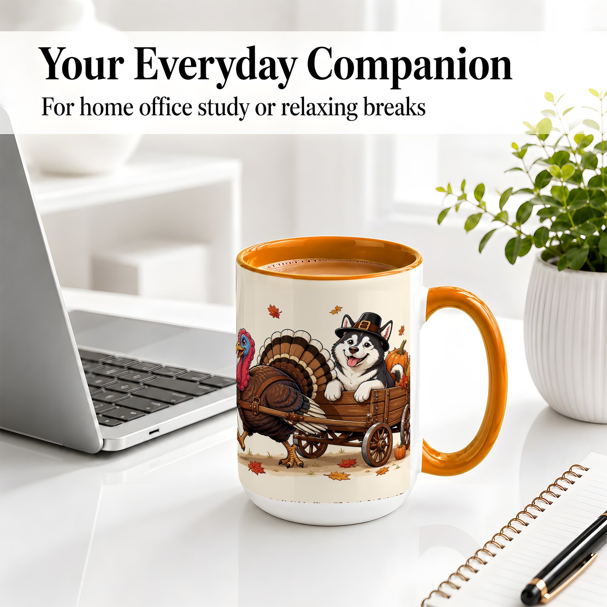 #pl[15oz|Orange] Thanksgiving Husky Wagon Accent Mug, Mug with Turkey Artwork