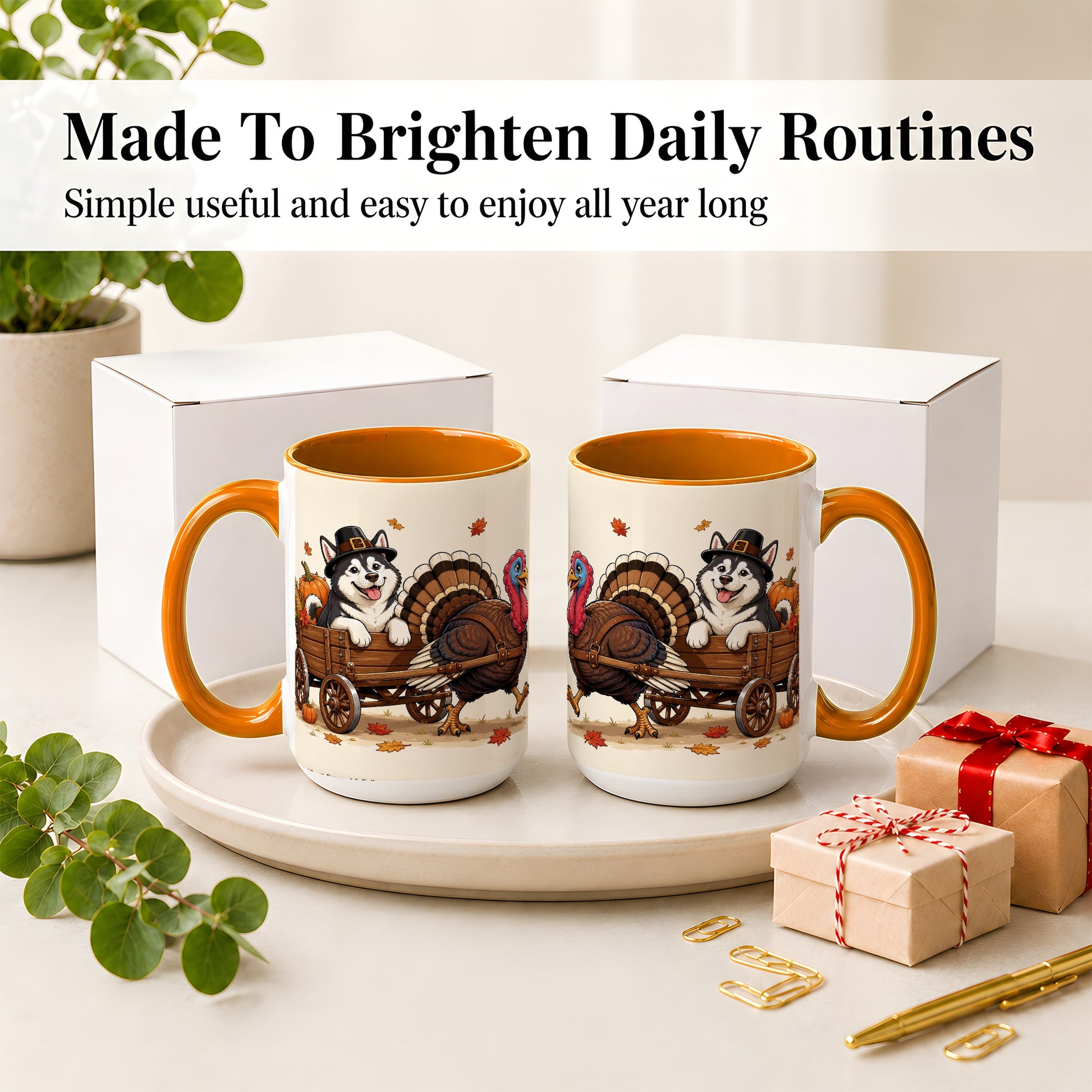 #pl[15oz|Orange] Thanksgiving Husky Wagon Accent Mug, Mug with Turkey Artwork