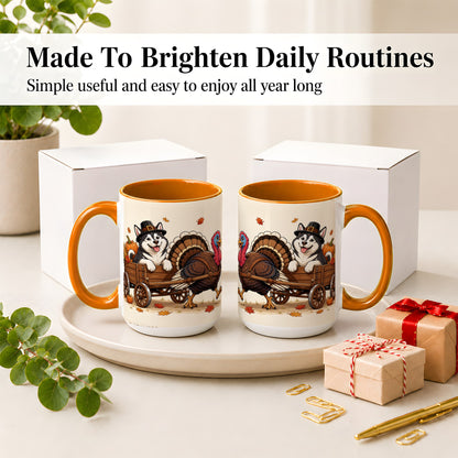 #pl[15oz|Orange] Thanksgiving Husky Wagon Accent Mug, Mug with Turkey Artwork