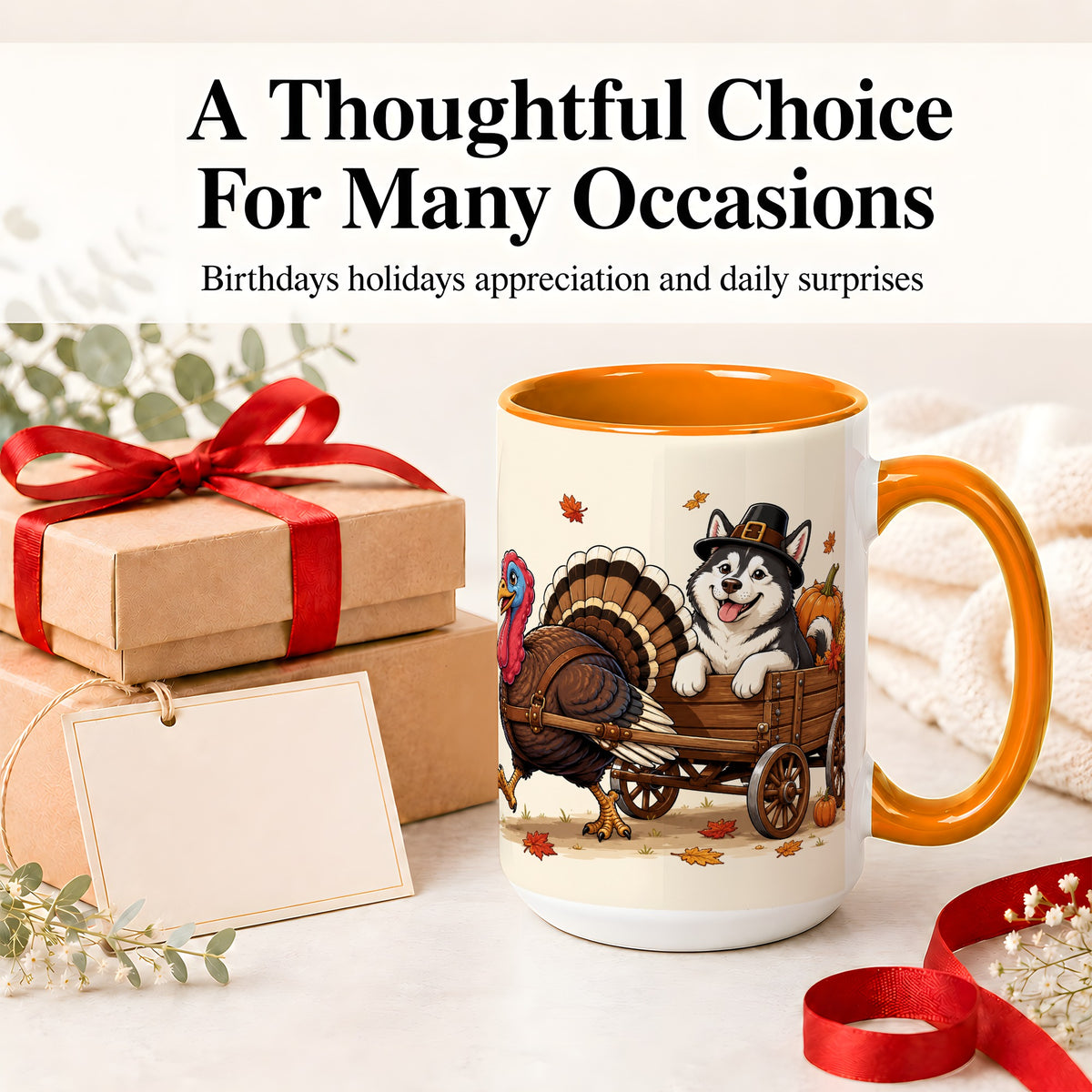 #pl[15oz|Orange] Thanksgiving Husky Wagon Accent Mug, Mug with Turkey Artwork