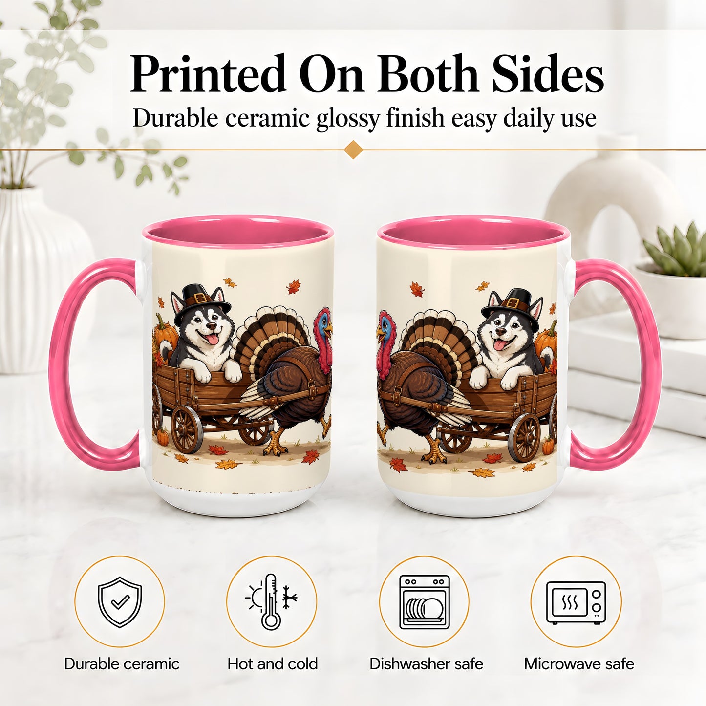 #pl[15oz|Pink] Thanksgiving Husky Wagon Accent Mug, Mug with Turkey Artwork