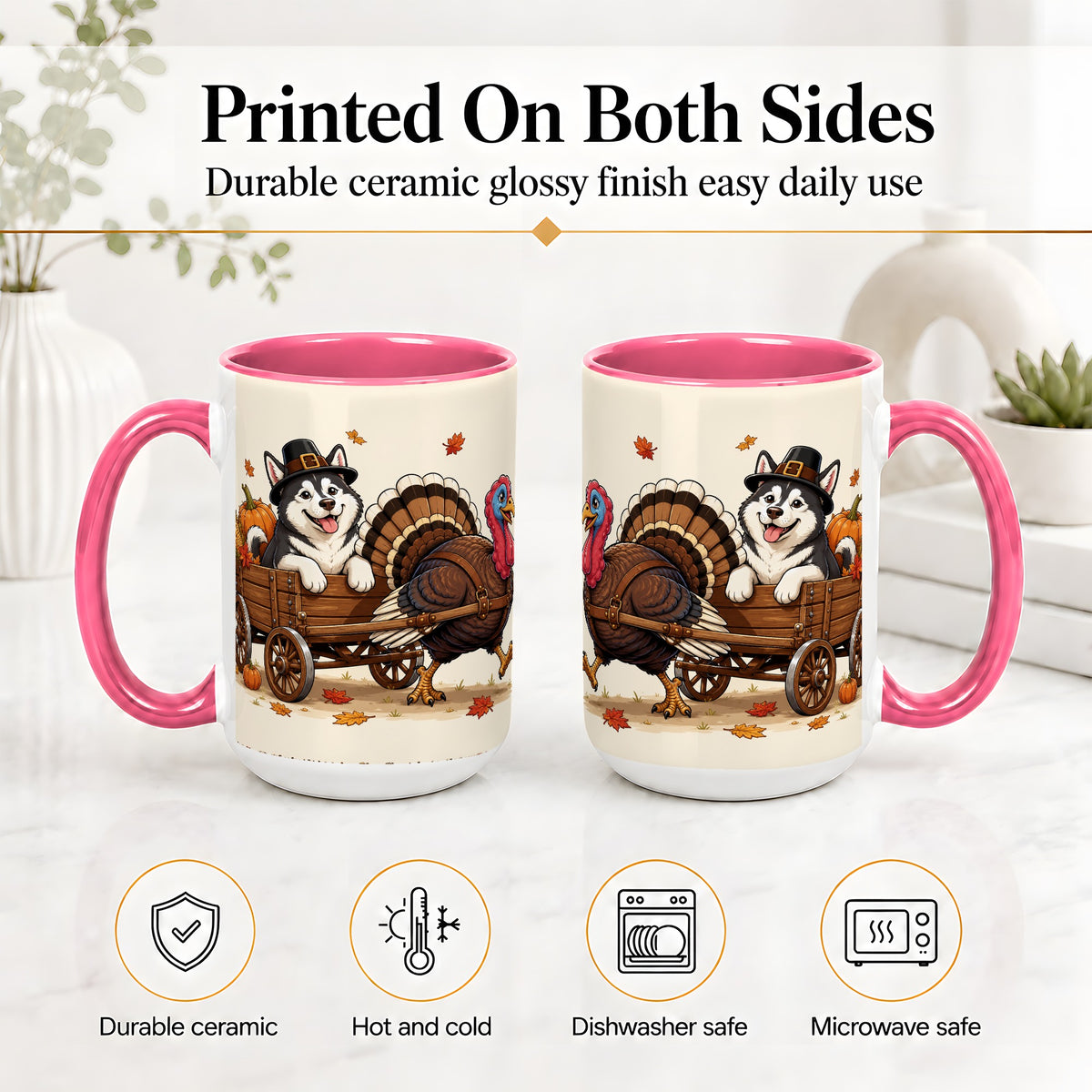 #pl[15oz|Pink] Thanksgiving Husky Wagon Accent Mug, Mug with Turkey Artwork
