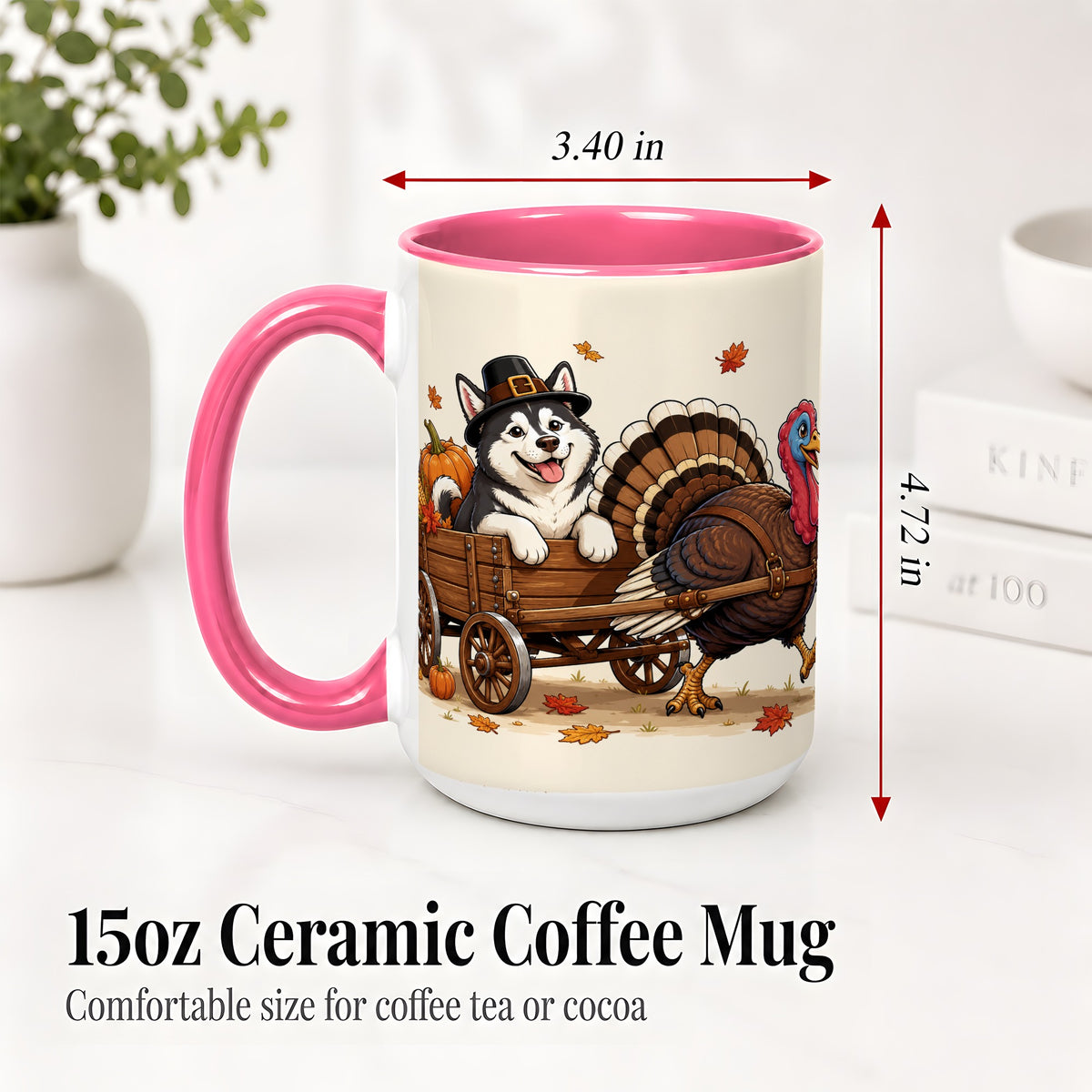#pl[15oz|Pink] Thanksgiving Husky Wagon Accent Mug, Mug with Turkey Artwork