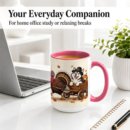 #pl[15oz|Pink] Thanksgiving Husky Wagon Accent Mug, Mug with Turkey Artwork