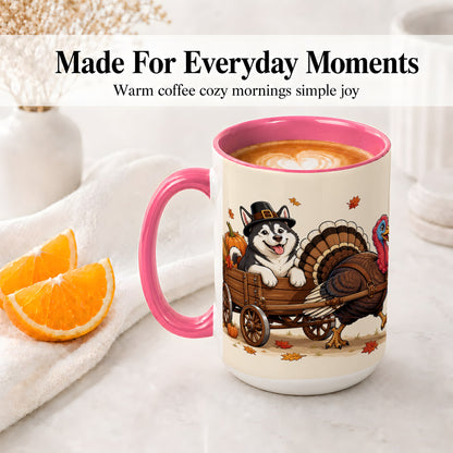 #pl[15oz|Pink] Thanksgiving Husky Wagon Accent Mug, Mug with Turkey Artwork