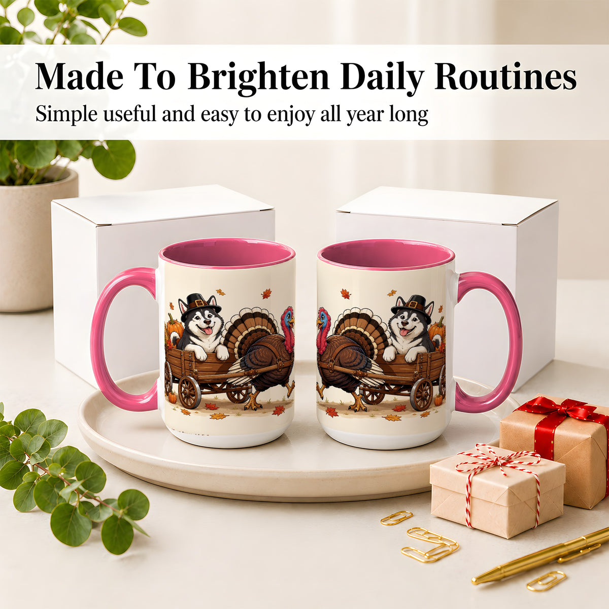 #pl[15oz|Pink] Thanksgiving Husky Wagon Accent Mug, Mug with Turkey Artwork