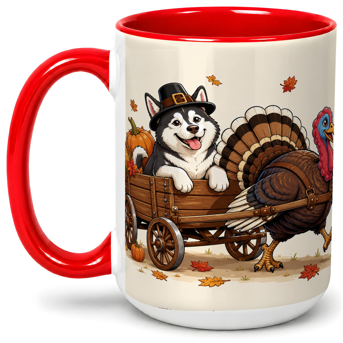 #pl[15oz|Red] Thanksgiving Husky Wagon Accent Mug, Mug with Turkey Artwork