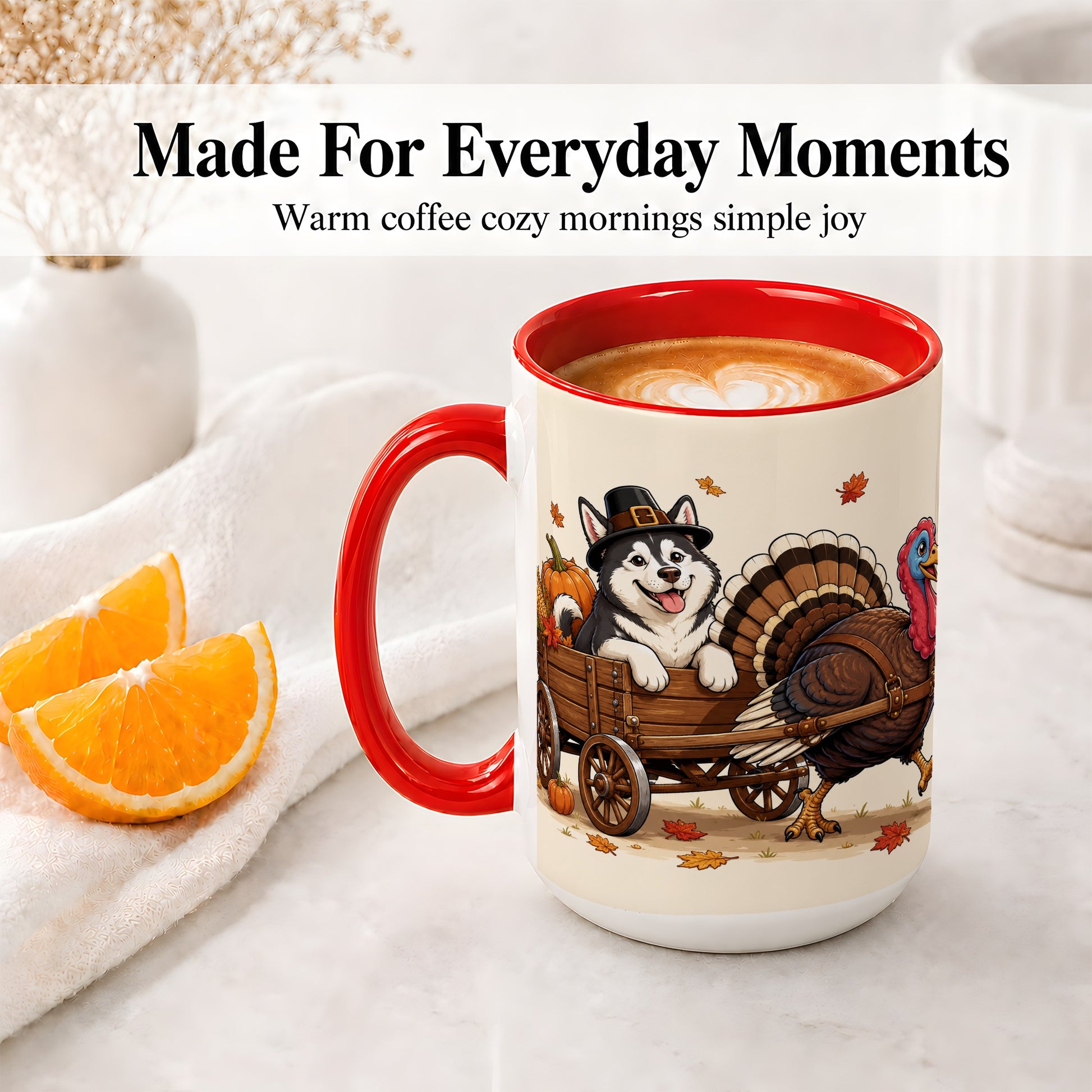 #pl[15oz|Red] Thanksgiving Husky Wagon Accent Mug, Mug with Turkey Artwork