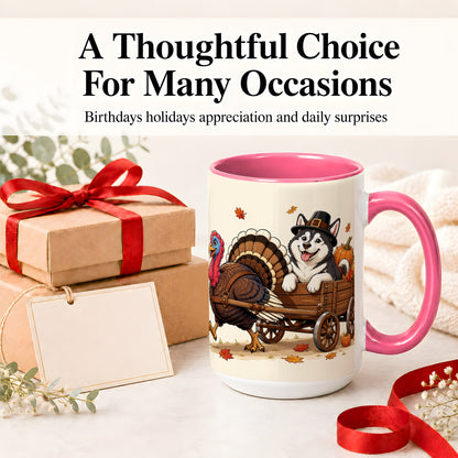 #pl[15oz|Pink] Thanksgiving Husky Wagon Accent Mug, Mug with Turkey Artwork
