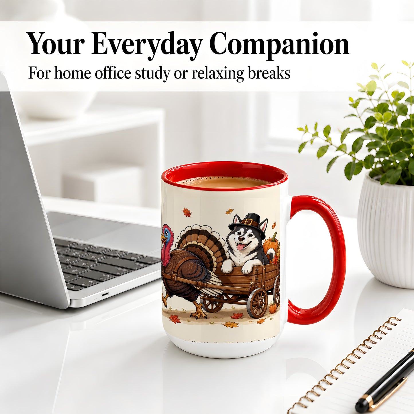 #pl[15oz|Red] Thanksgiving Husky Wagon Accent Mug, Mug with Turkey Artwork