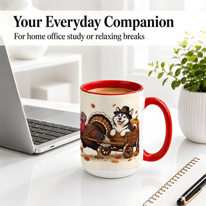 #pl[15oz|Red] Thanksgiving Husky Wagon Accent Mug, Mug with Turkey Artwork