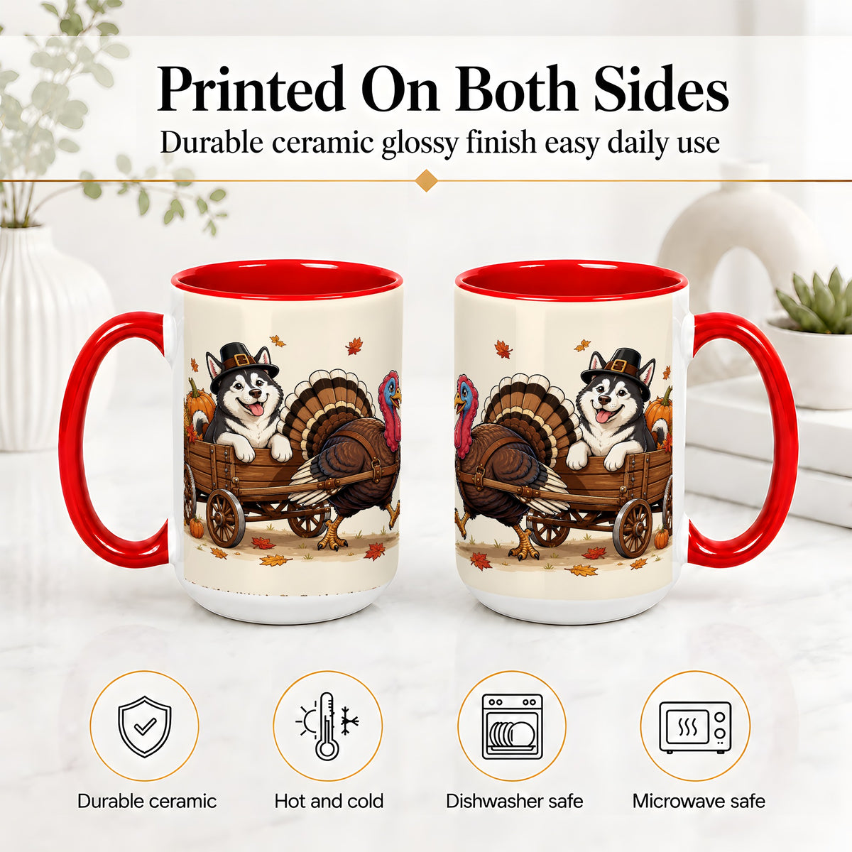 #pl[15oz|Red] Thanksgiving Husky Wagon Accent Mug, Mug with Turkey Artwork