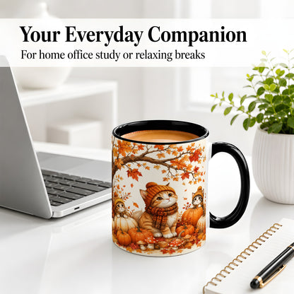 #pl[11oz|Black] Autumn Kittens Accent Mug, Mug with Pumpkins and Mushrooms Art
