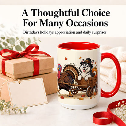 #pl[15oz|Red] Thanksgiving Husky Wagon Accent Mug, Mug with Turkey Artwork