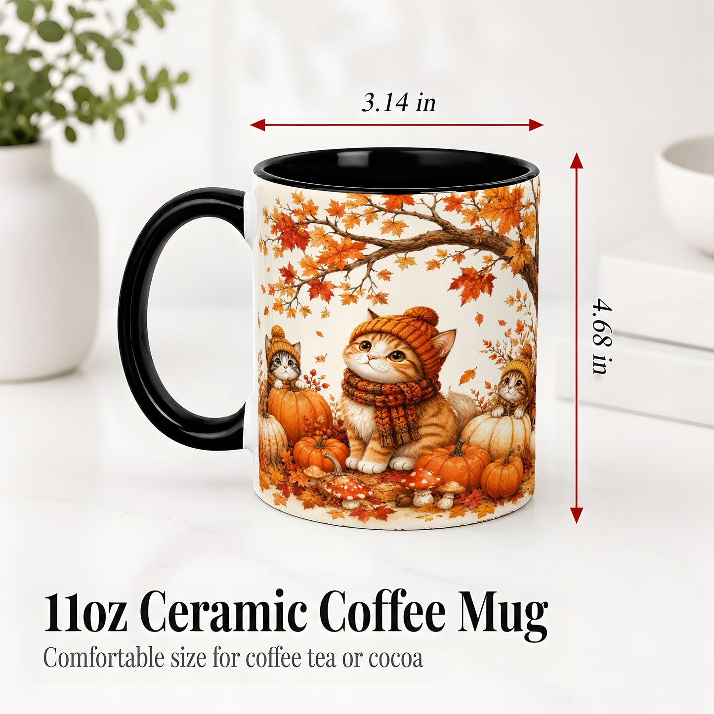 #pl[11oz|Black] Autumn Kittens Accent Mug, Mug with Pumpkins and Mushrooms Art