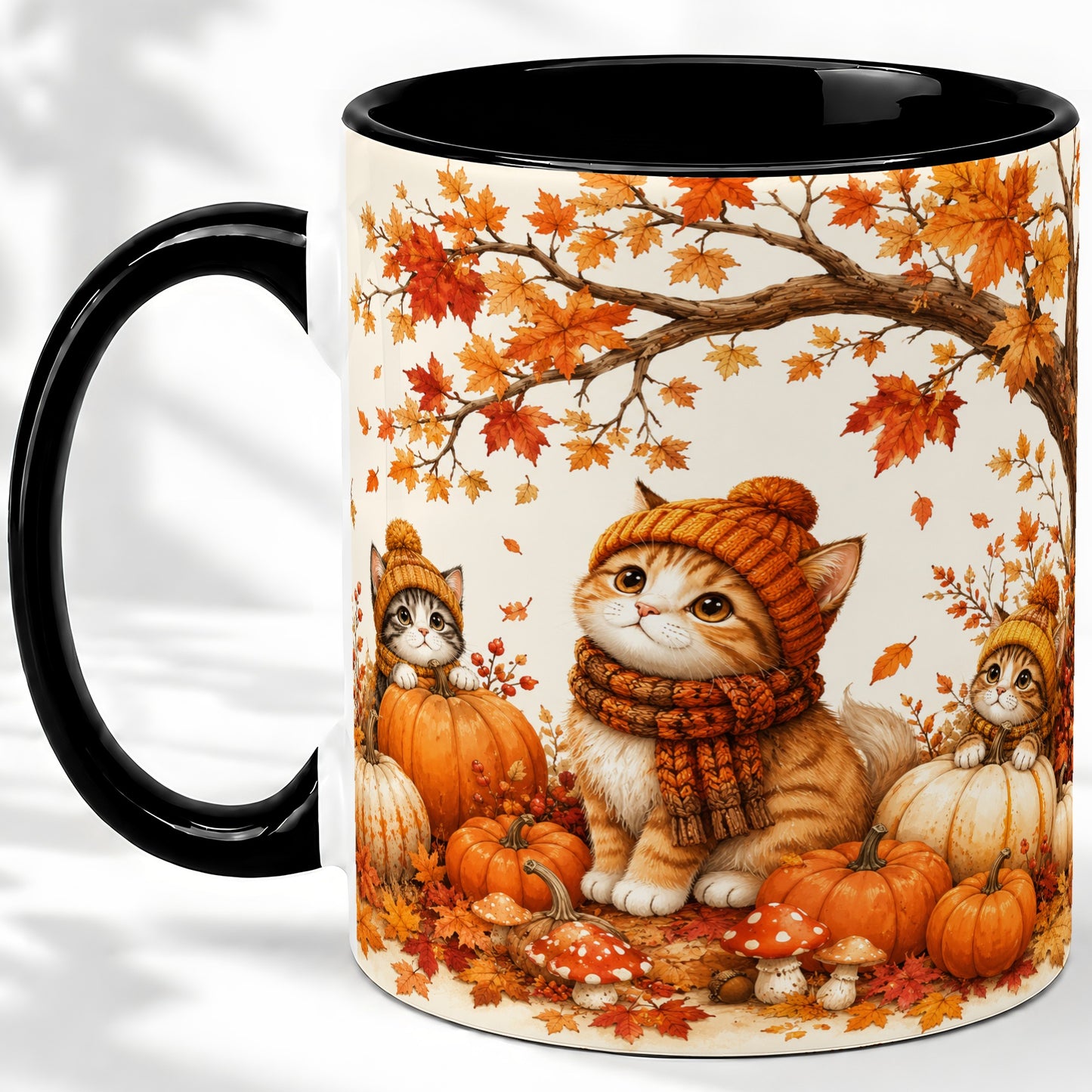 #pl[11oz|Black] Autumn Kittens Accent Mug, Mug with Pumpkins and Mushrooms Art