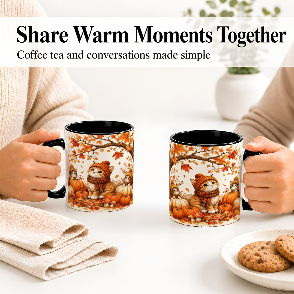 #pl[11oz|Black] Autumn Kittens Accent Mug, Mug with Pumpkins and Mushrooms Art