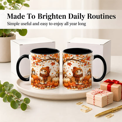 #pl[11oz|Black] Autumn Kittens Accent Mug, Mug with Pumpkins and Mushrooms Art